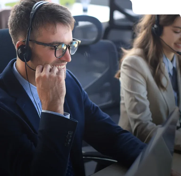 Man talking on a headset with text about better patient billing.