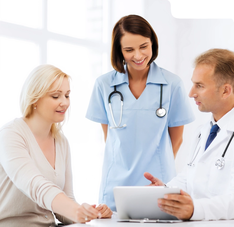 Doctors helping a patient understand billing with text about easy bills, payment options, and reminders.